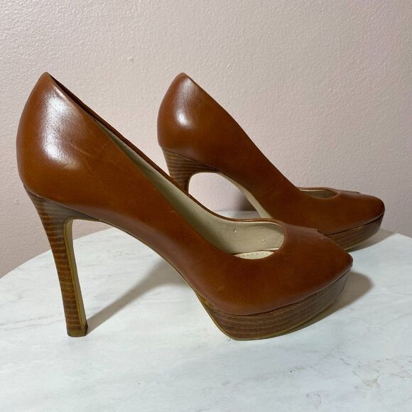 ANNE KLEIN Brown Leather Peep Toe Platform Pumps - Picture 3 of 6